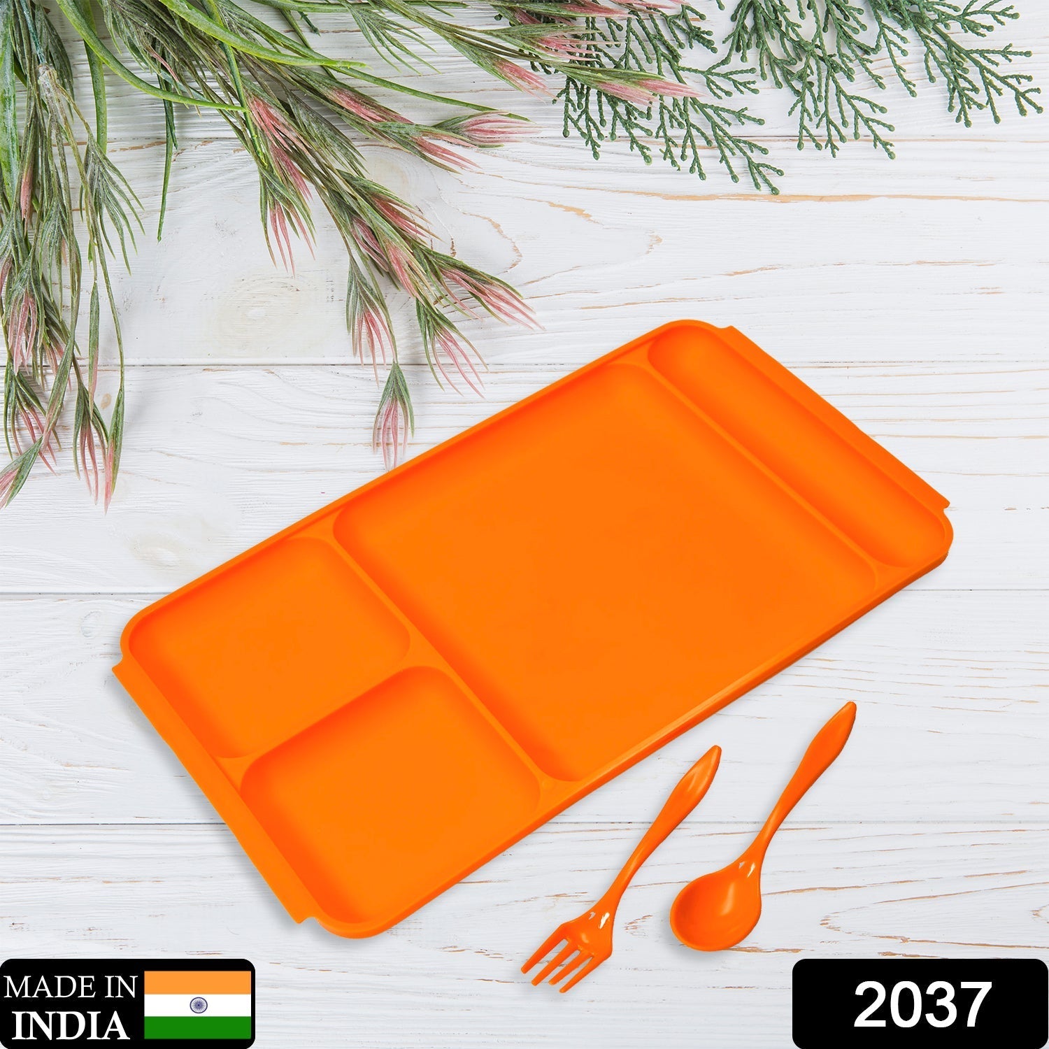 Versatile plastic divided food plate with included cutlery for daily use.