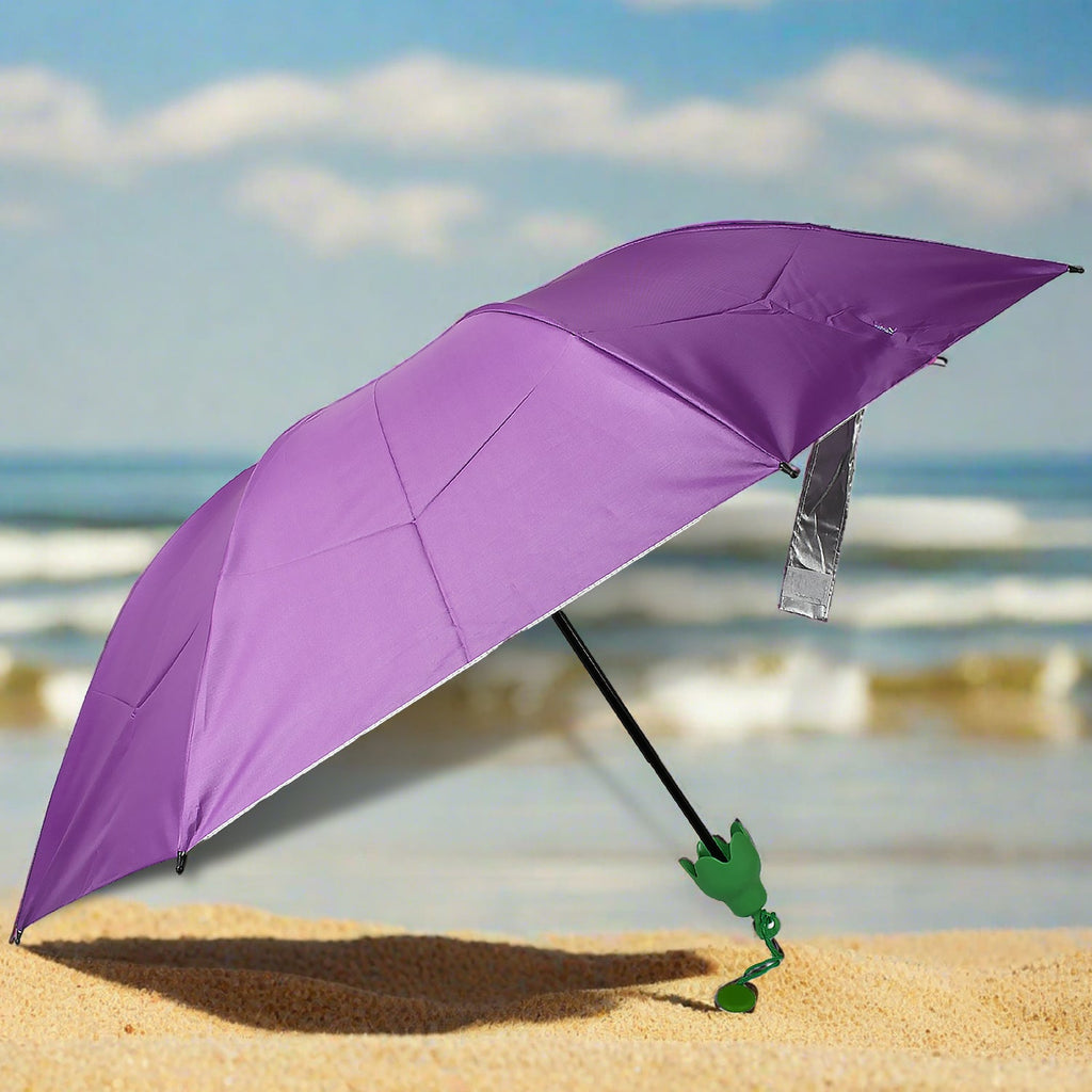 Opened vegetable shaped umbrella providing sun and rain protection.