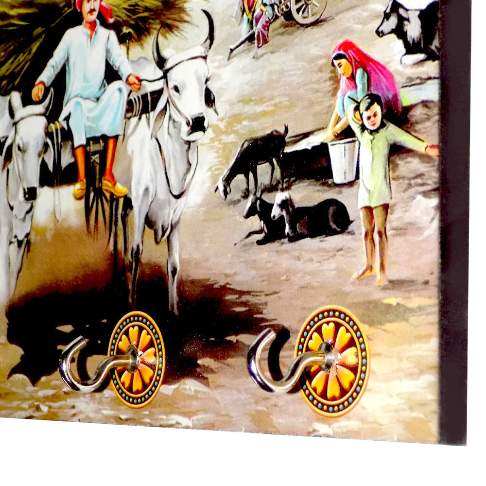 Modern wooden wall art with landscape design and practical hooks, enhancing home decor.