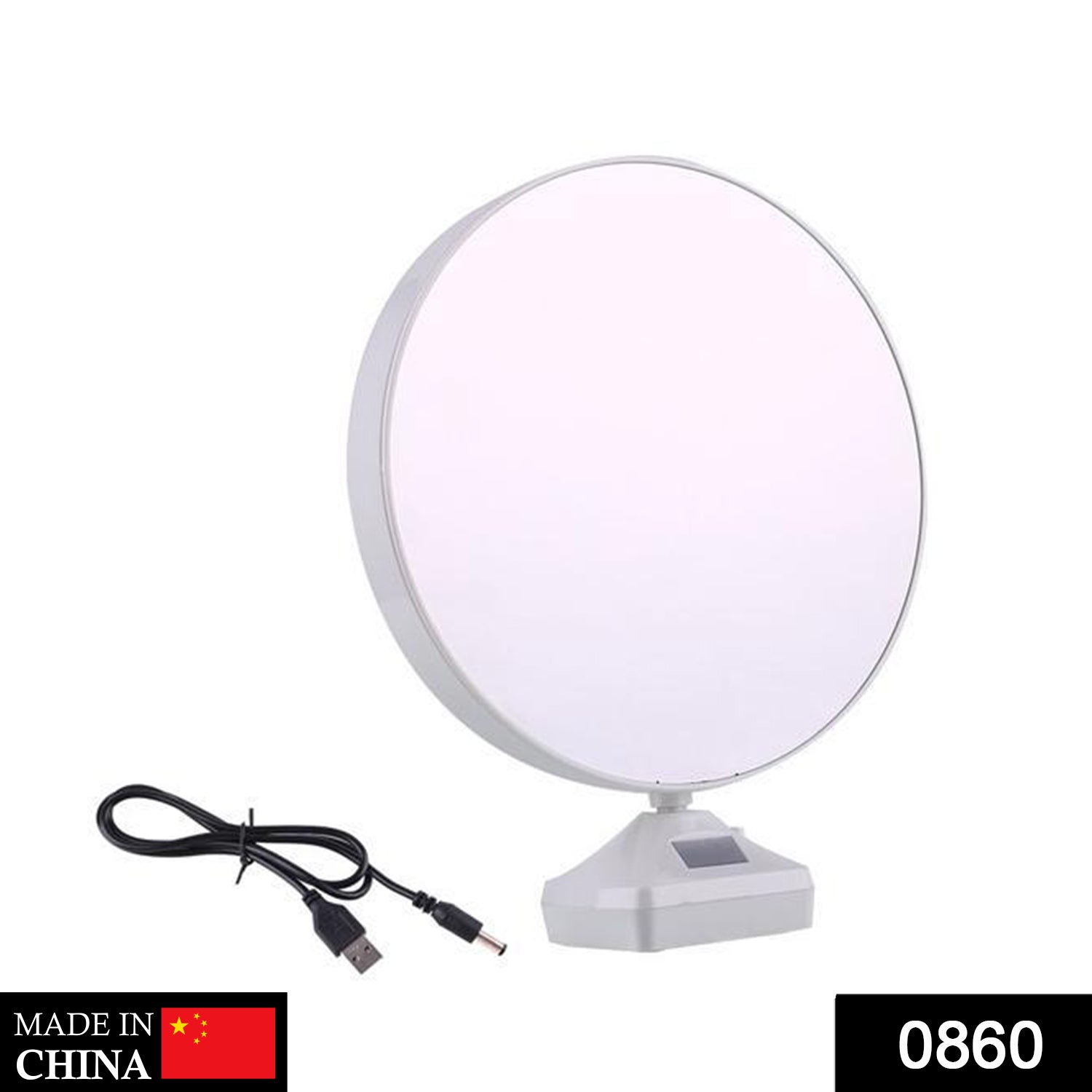 Round LED Magic Mirror Photo Frame switched off, showing a clear mirror reflection.