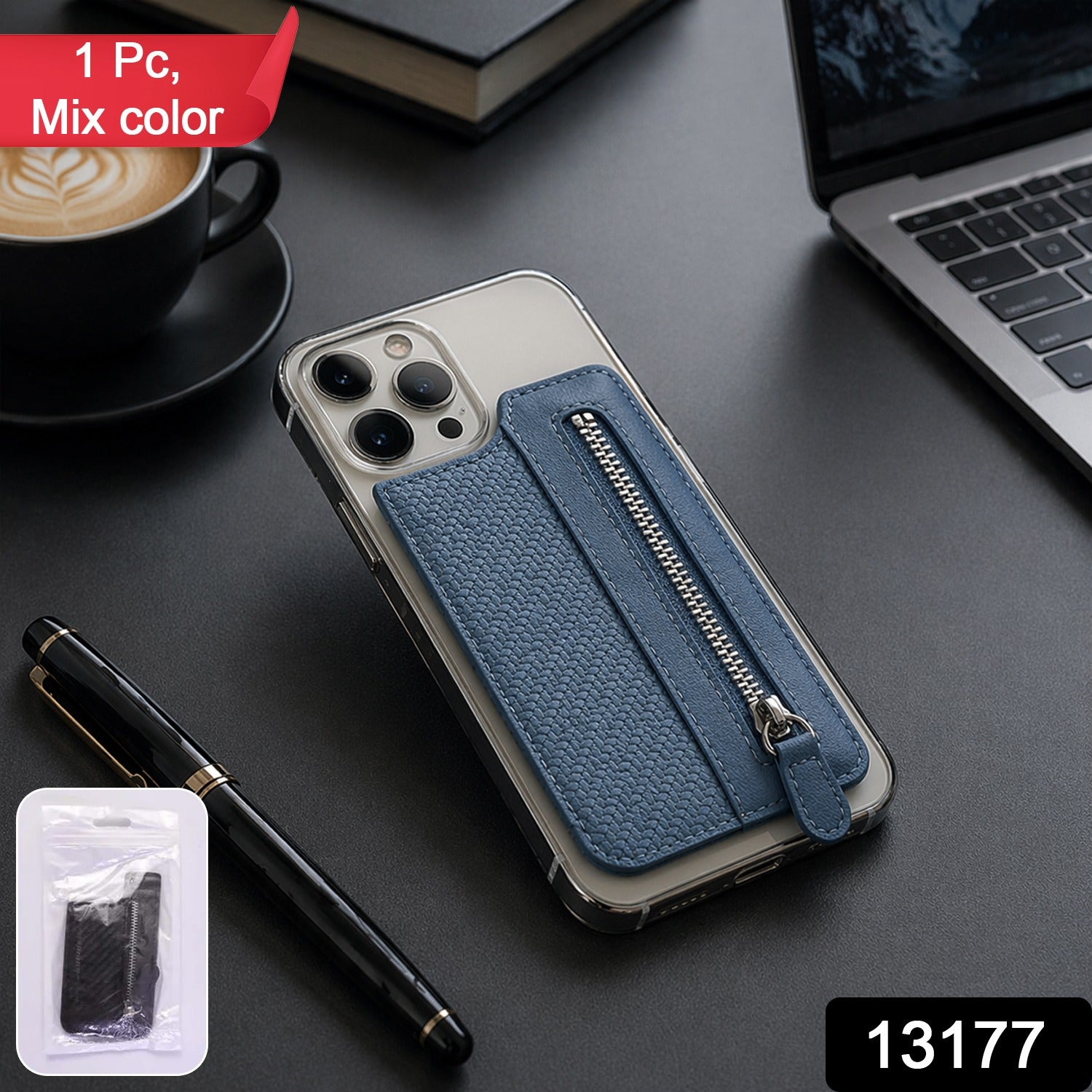 Phone wallet case featuring strong adhesive back and secure zipper compartment.