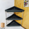 3-layer plastic corner storage rack with triangular shelves and metal support rods