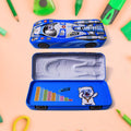 Bright red car shape compass box for kids, open to show stationery compartments.