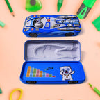Bright red car shape compass box for kids, open to show stationery compartments.