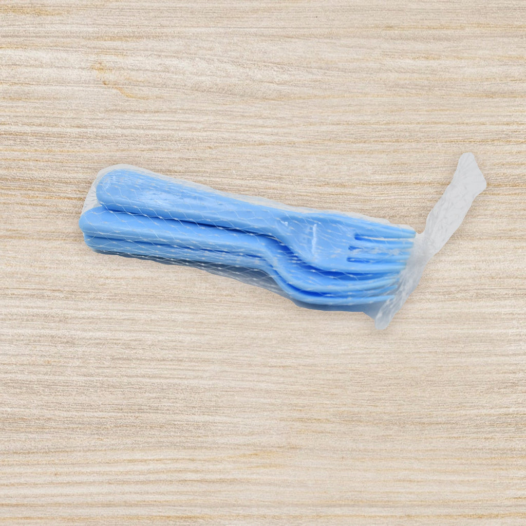 Five reusable plastic serving forks arranged elegantly, perfect for parties and events.