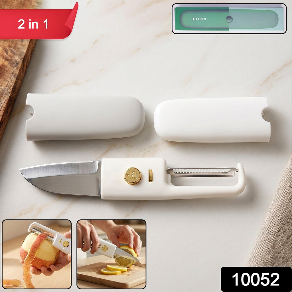 Compact folding fruit peeler and kitchen knife, ideal for travel and camping.