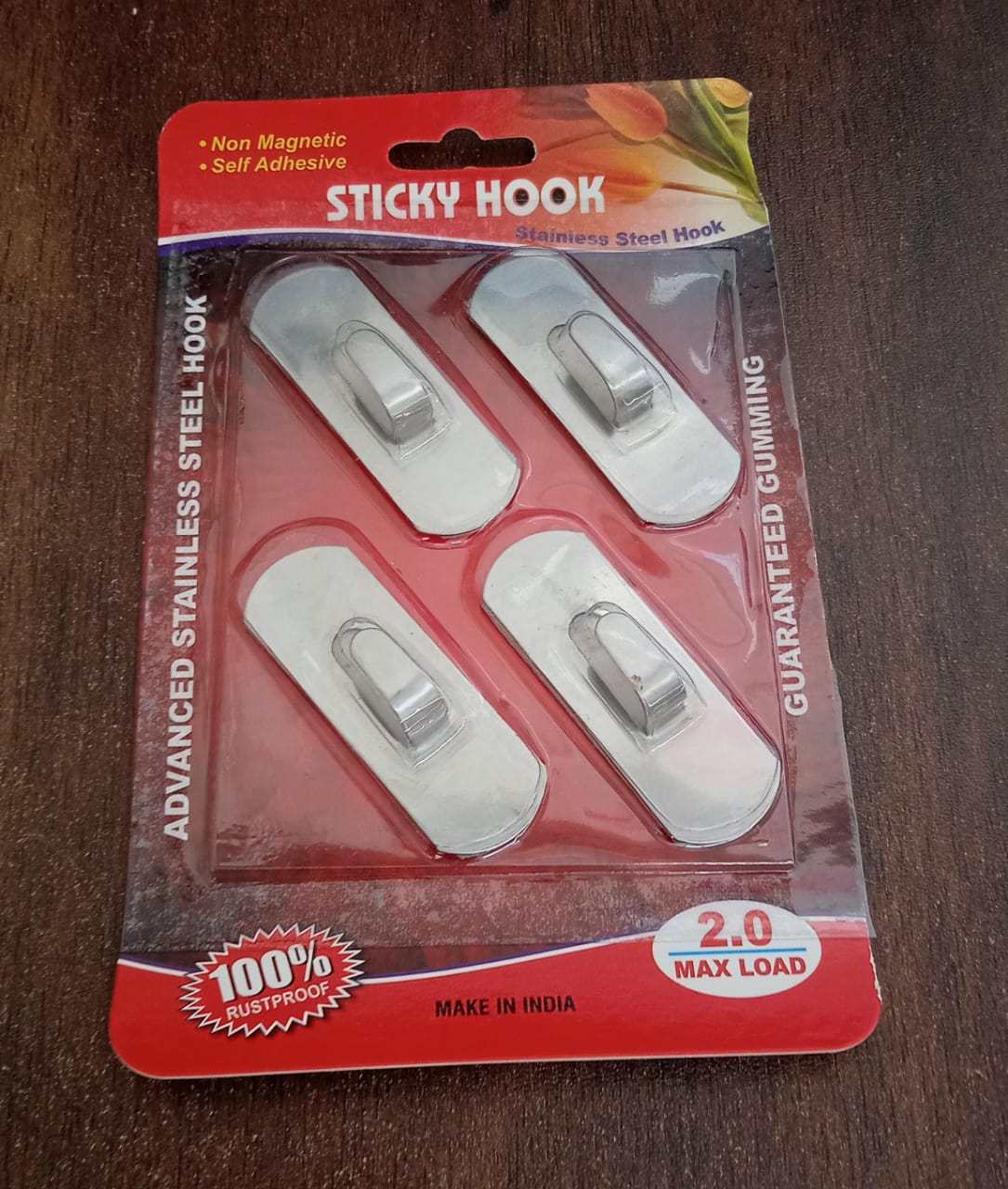 Packaging for Bathora's self-adhesive heavy-duty stainless steel hooks, ready for home use.