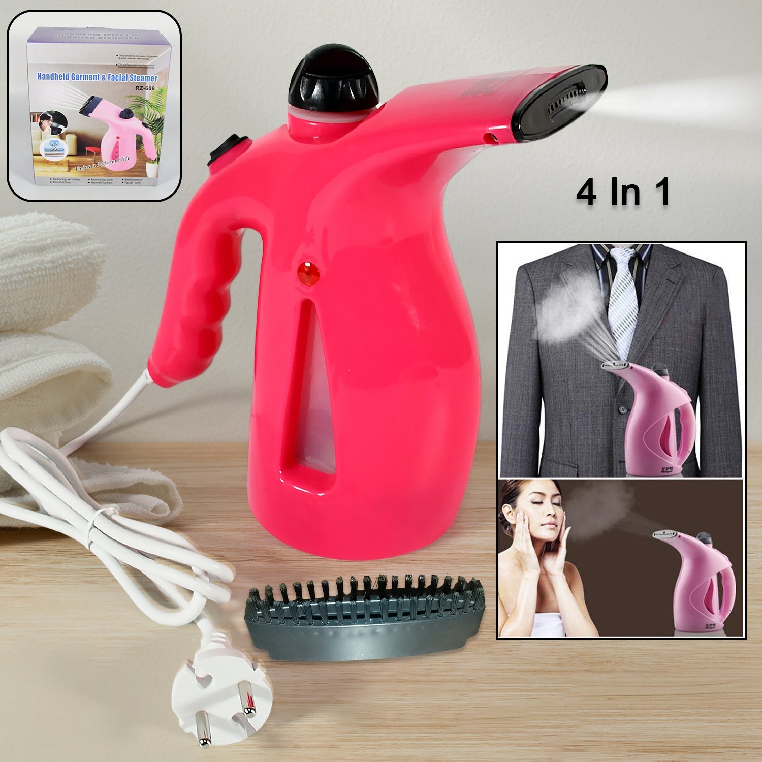 A compact handheld garment steamer releasing powerful steam for quick wrinkle removal.