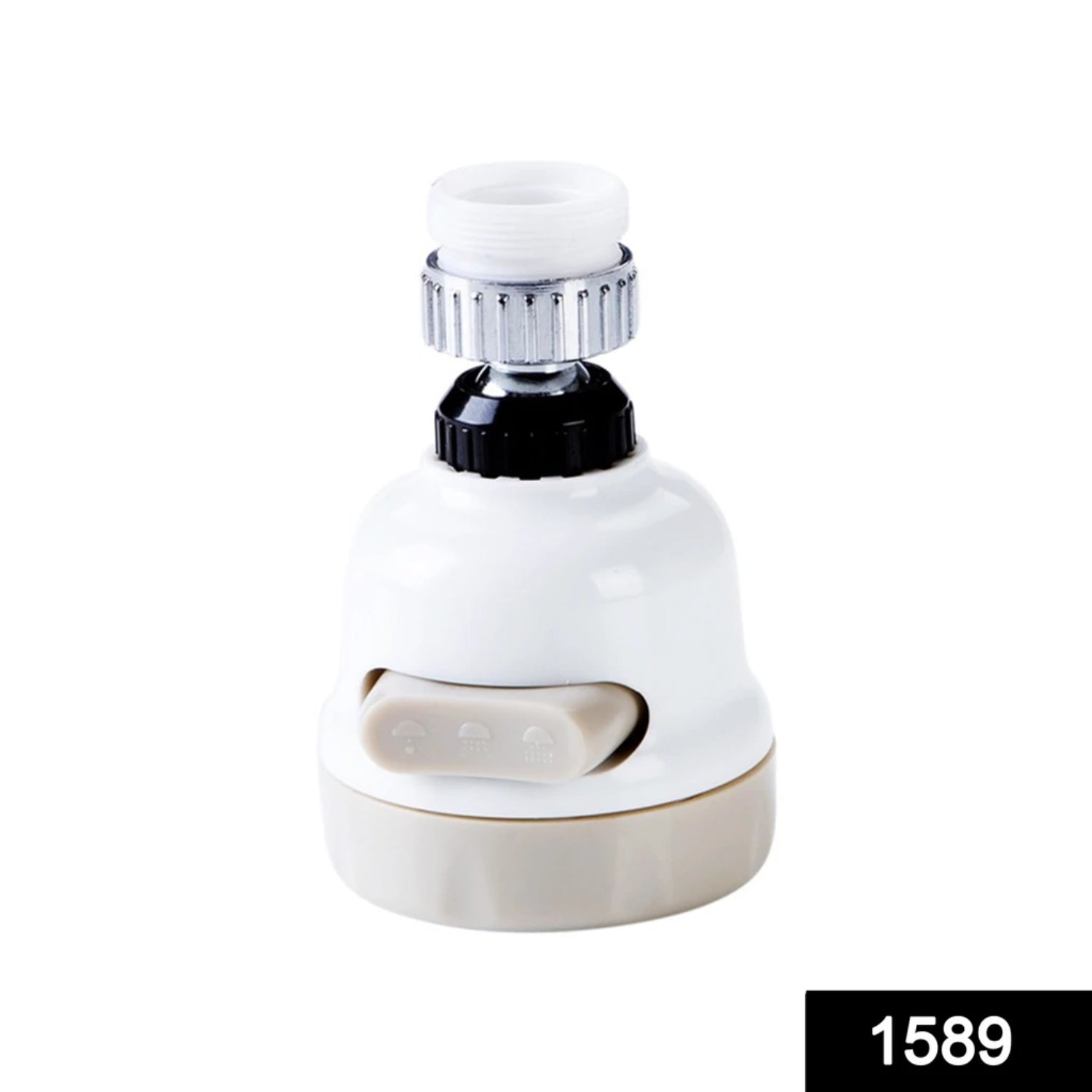 Rotatable faucet sprayer in silver, illustrating its three adjustable water modes.