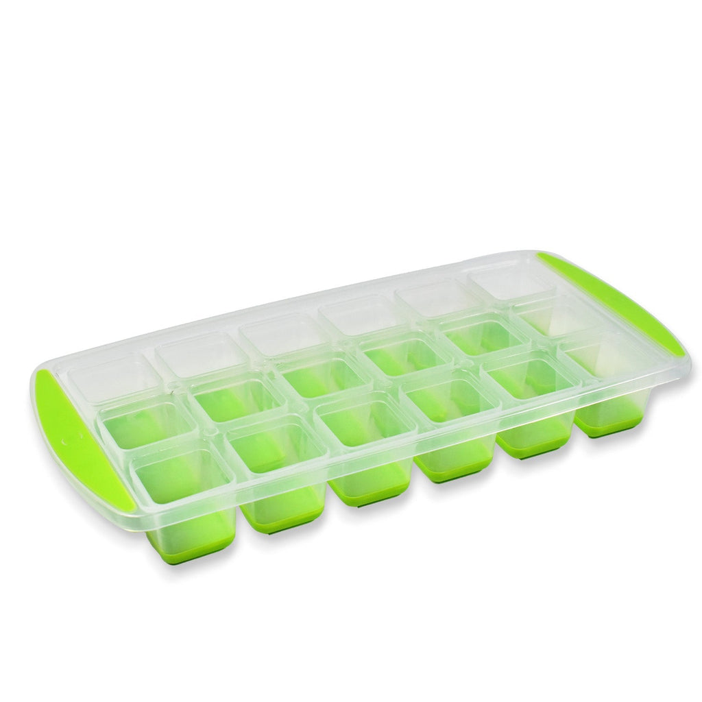 Multiple colorful silicone ice cube trays stacked neatly, showing their space-saving design.