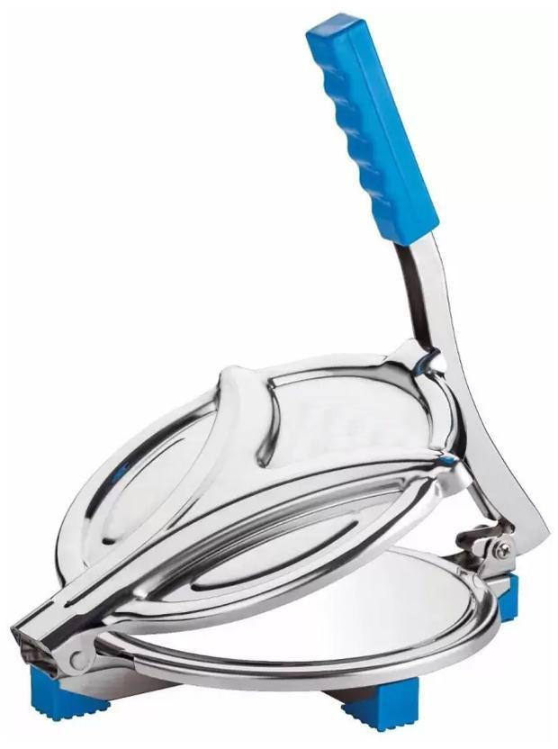 Compact stainless steel puri press with a strong lever mechanism for easy flattening.