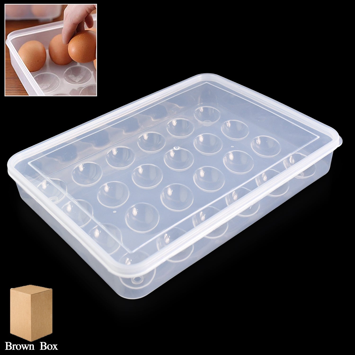 Two clear plastic egg storage containers stacked inside a refrigerator