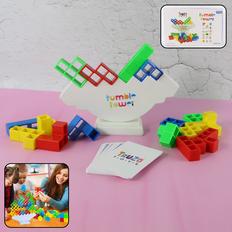 Tumble tower balancing blocks game set with colorful pieces and balance board