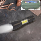 Rechargeable mini flashlight with front LED and side COB lantern.