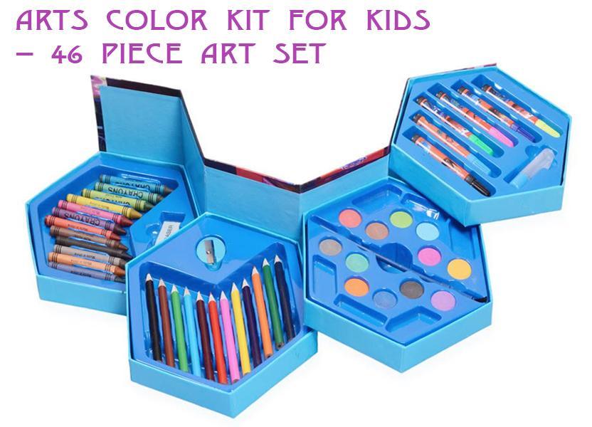 Top-down view of the open drawing kit for children, showing various art supplies.
