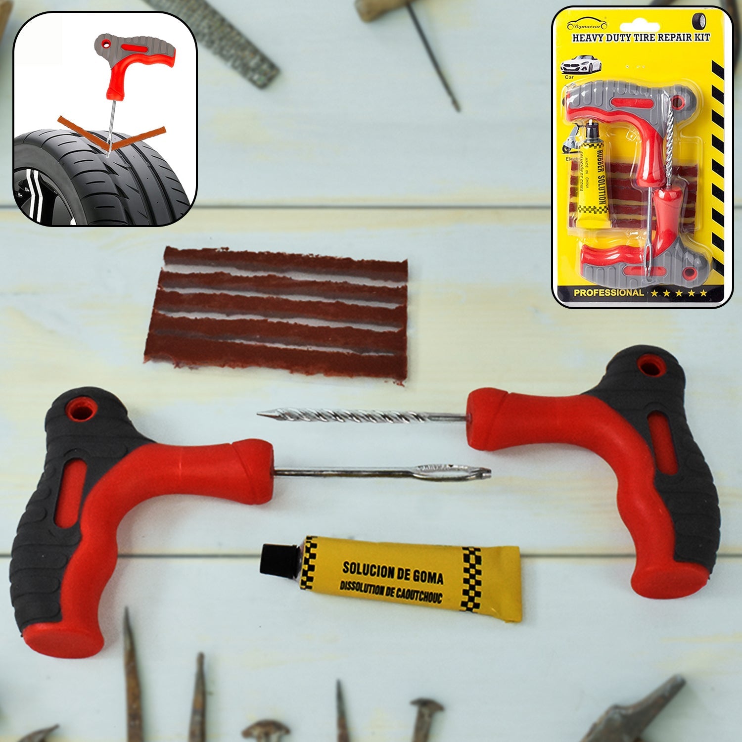 Tubeless tyre puncture repair kit with 4-in-1 tool set laid out