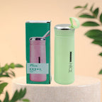 Light green glass water bottle 400ml with leakproof bamboo lid