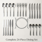 Front view of stainless steel cutlery set displaying spoons, forks, and knives