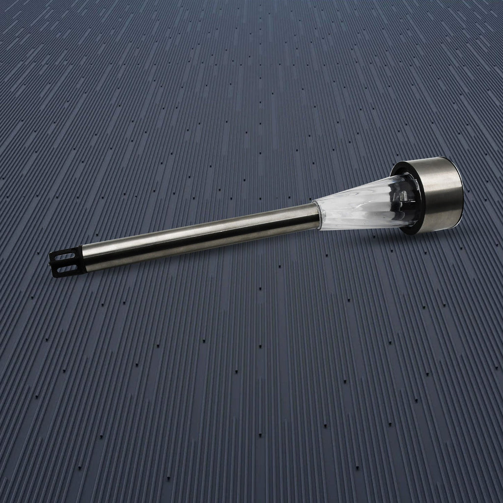 Side view of a sleek, black solar-powered LED spot light for modern outdoor decor.