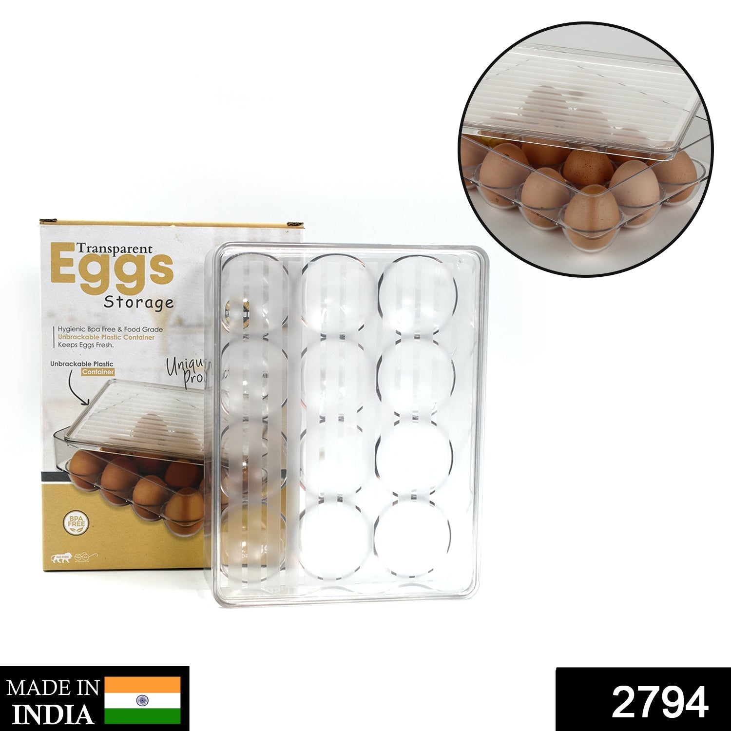 Top-down view of a transparent 12-egg holder with fresh eggs inside.