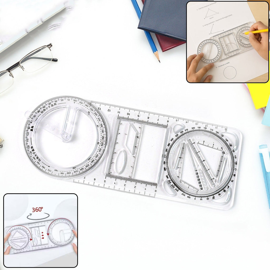 Multi-functional geometry drawing tool with ruler and protractor