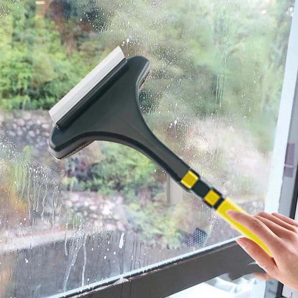 2-in-1 mesh and glass window cleaning brush with extended handle shown in use.