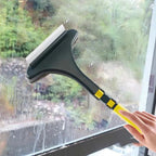 2-in-1 mesh and glass window cleaning brush with extended handle shown in use.