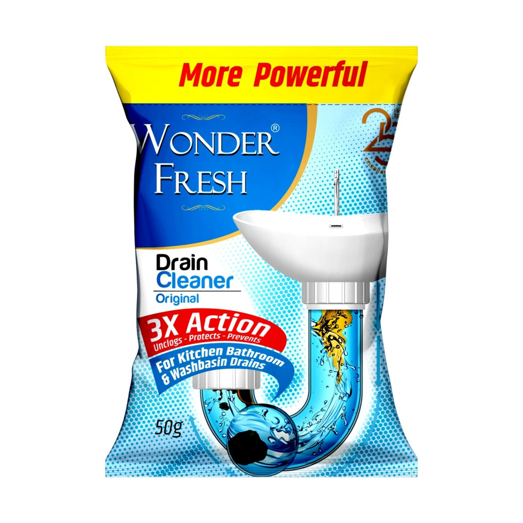 Wonder Fresh Drain Cleaner Powder in a 50g pack, ready to clear stubborn pipe blockages.