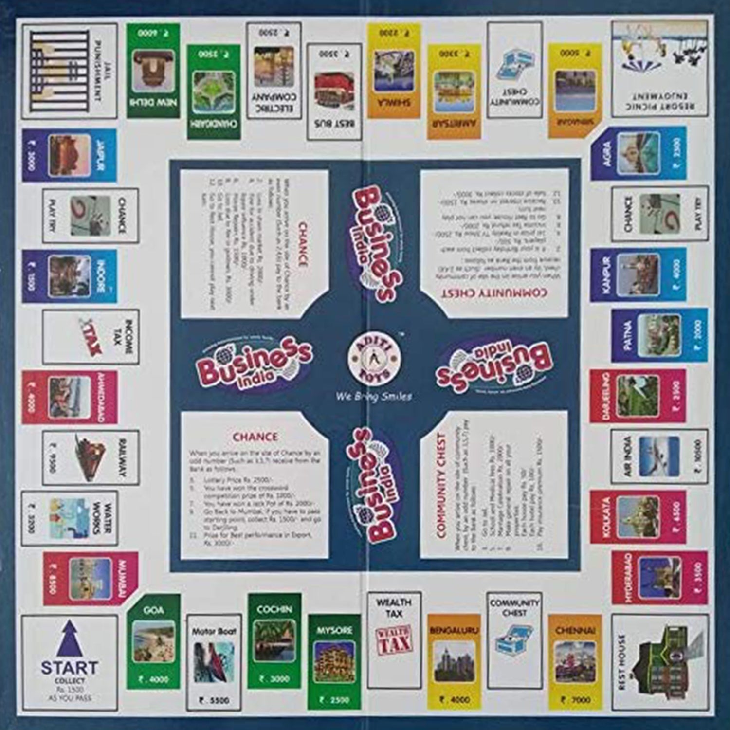 Full Aditi Business Board Game for Kids set laid out with money and pieces.