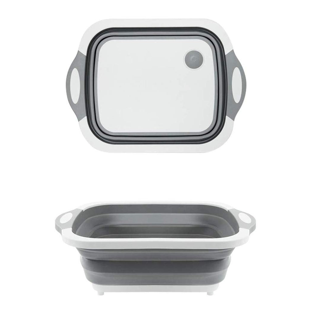 Overhead view of the multi-function foldable chopping board, dish rack, and washing bowl.
