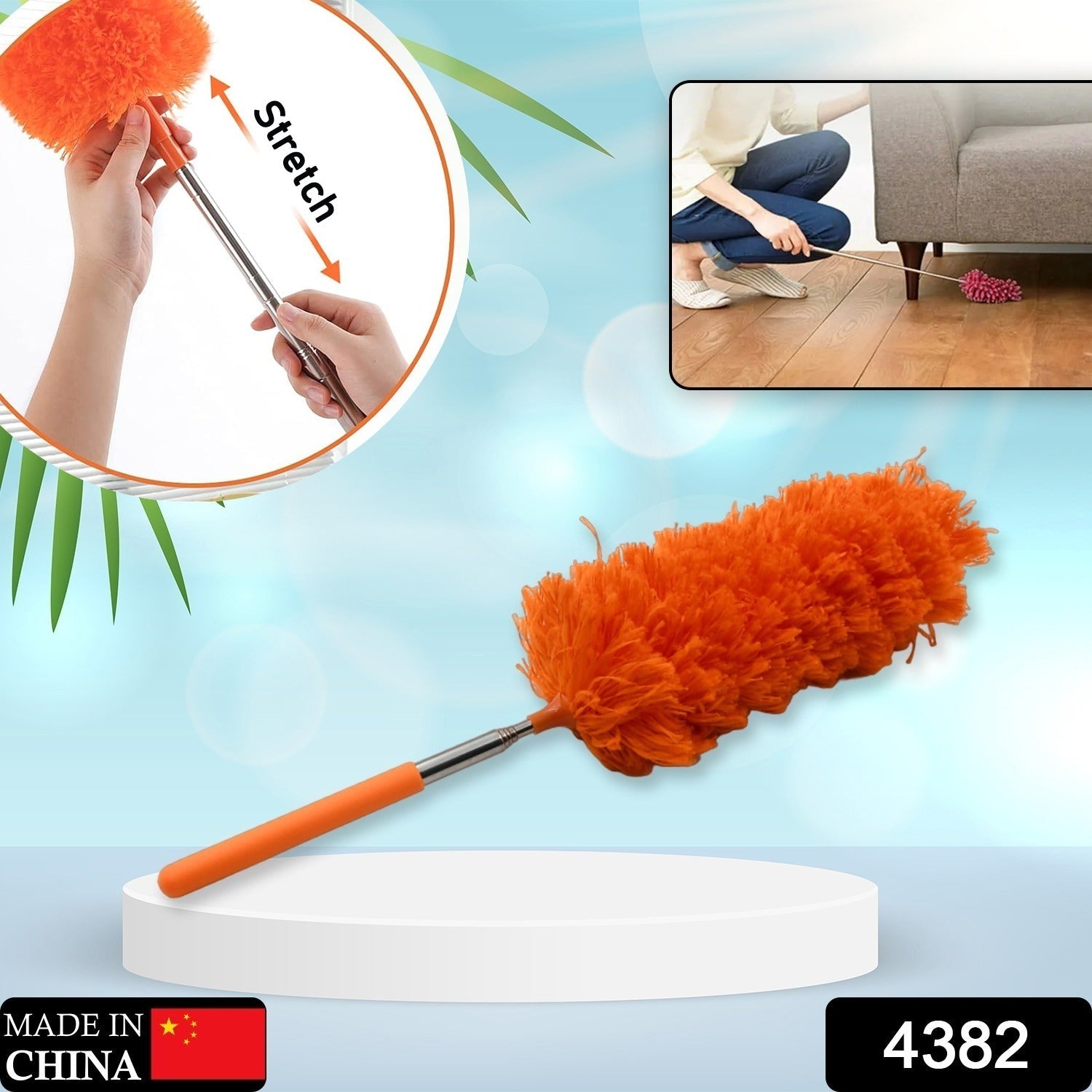 Adjustable microfiber duster with its extendable handle fully extended, ready for use.