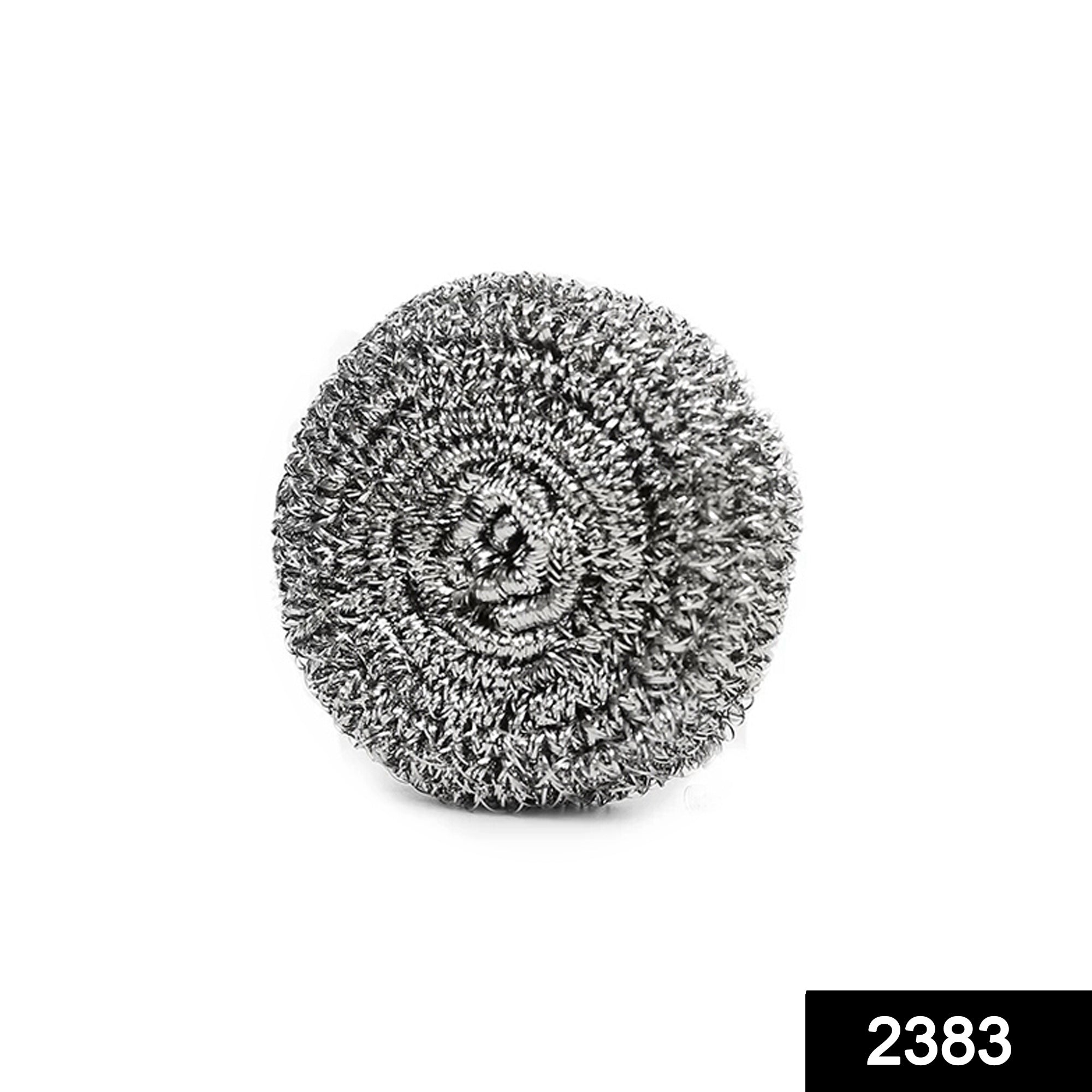 A round stainless steel scrubber designed for effective utensil and kitchenware cleaning.
