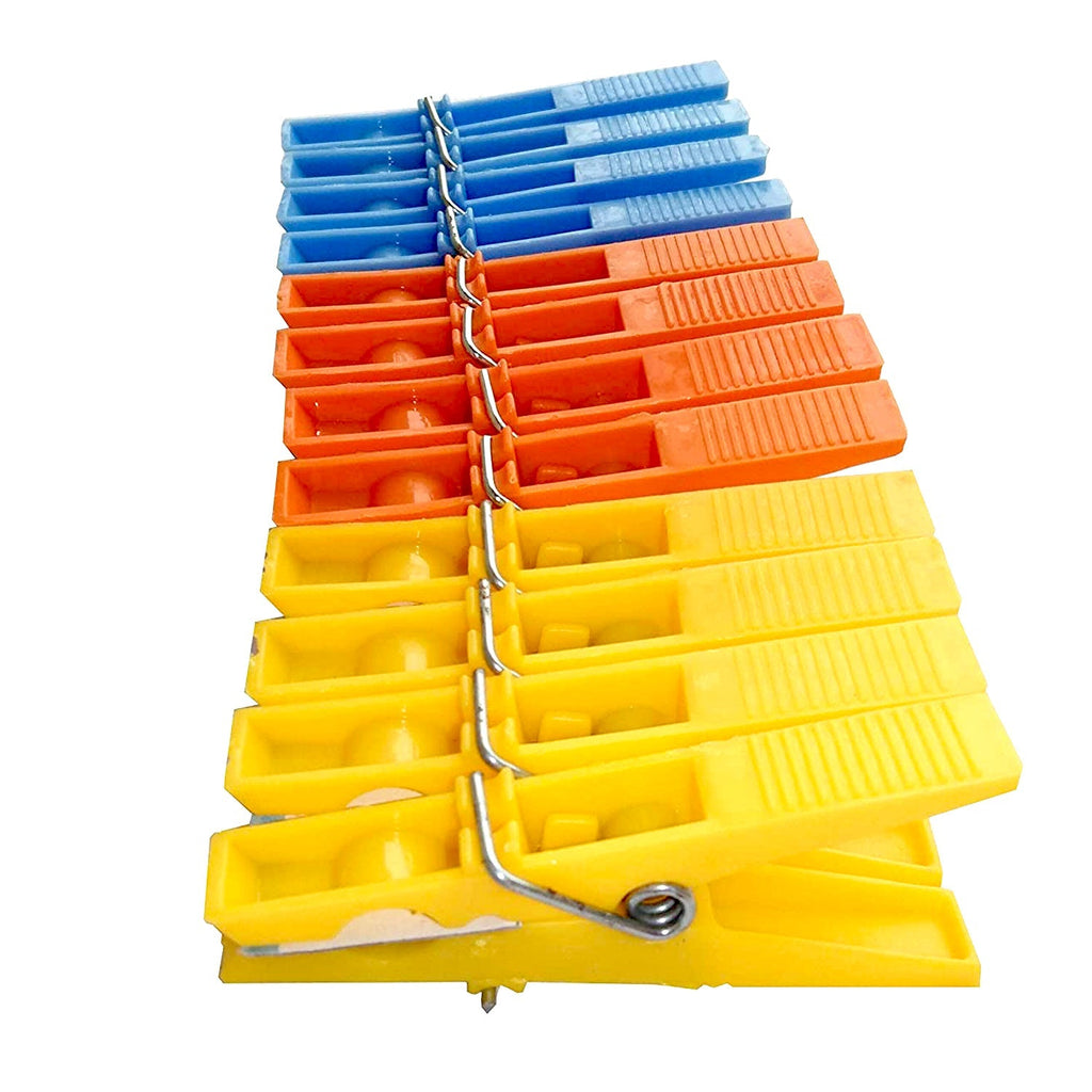 Pack of 12 strong grip laundry pegs in bright colours, essential for every home.