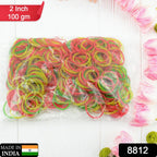 Close-up view of elastic multicolor rubber bands, highlighting their stretchability.