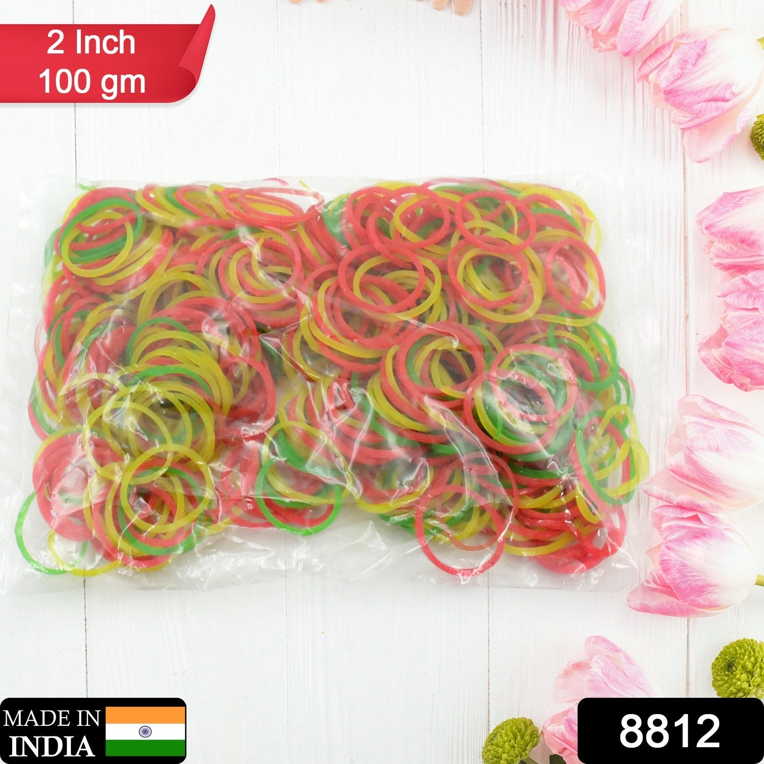 Close-up view of elastic multicolor rubber bands, highlighting their stretchability.