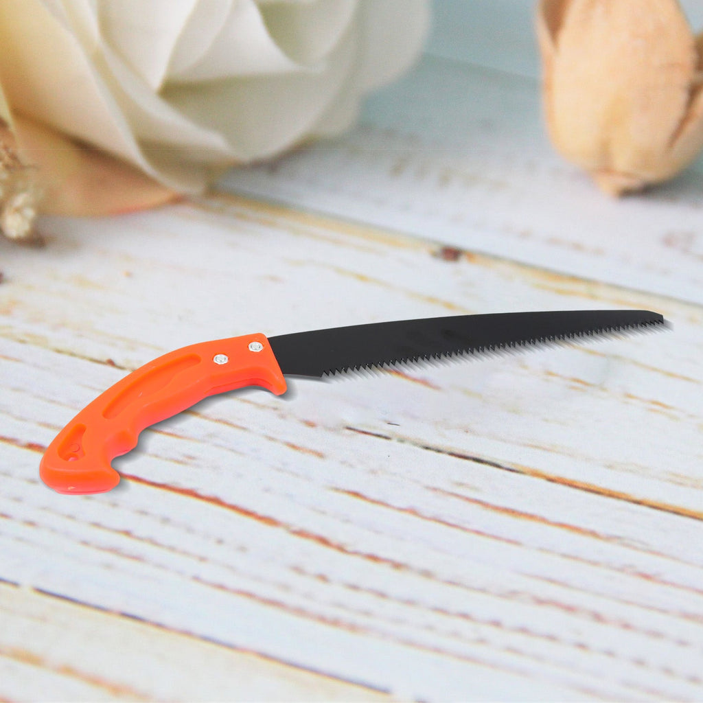 Compact hand pruning saw, ideal for gardening and camping.