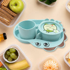 A colorful 7-piece baby feeding set with a divided plate, bowl, cup, spoon, fork, and chopsticks.