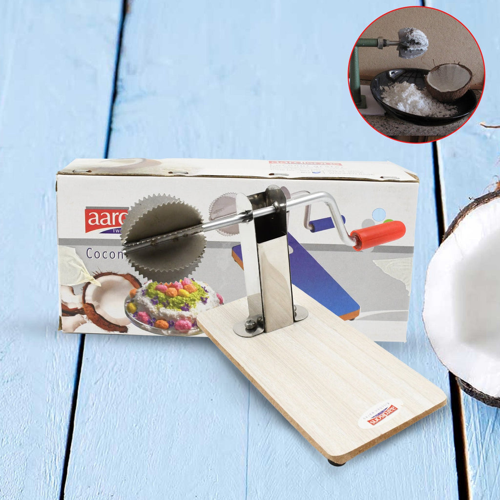Quickslice coconut scraper tool demonstrating its sharp, efficient blades.