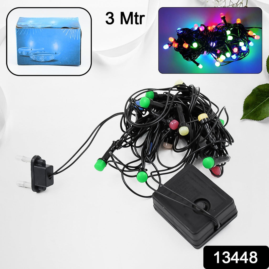 Close-up of bright multi-color LED string lights perfect for Diwali decorations.