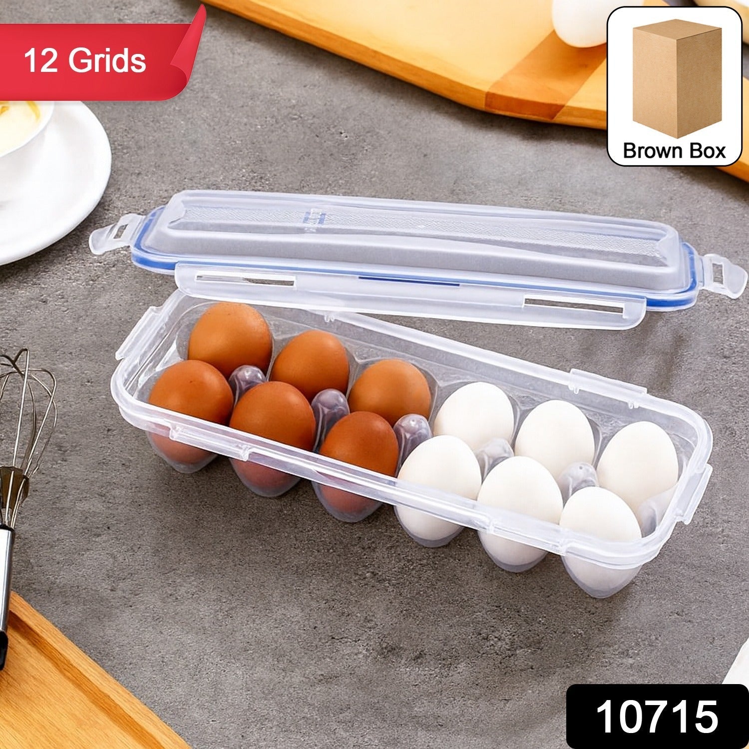 Transparent Lock-Clip Refrigerator Egg Storage Box with 12 eggs inside.