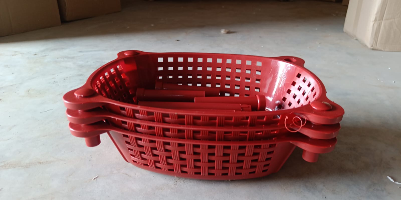 Full view of the assembled 3-tier plastic storage rack, ready for home organization.