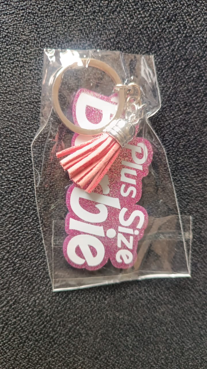 Decorative Plus Size Barbie glitter text keychain for bags or keys