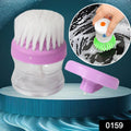 Multicolor plastic wash basin brush with integrated soap dispenser for kitchen cleaning.