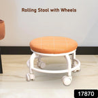 Multifunctional plastic rolling stool used for a low-level task.