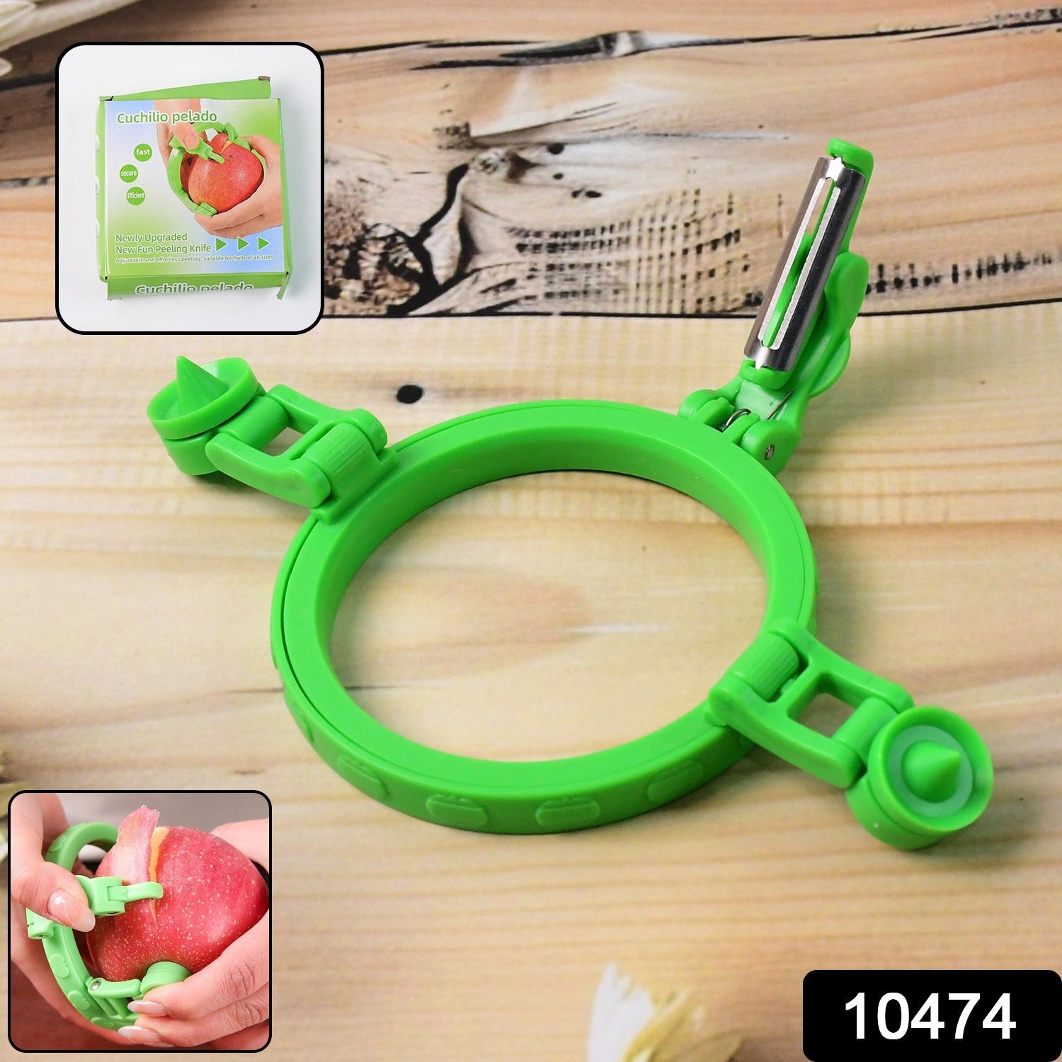 Close-up of apple peeler and cutter tool in use