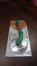 A person holding the Quickslice stainless steel pizza cutter, highlighting its practical design.