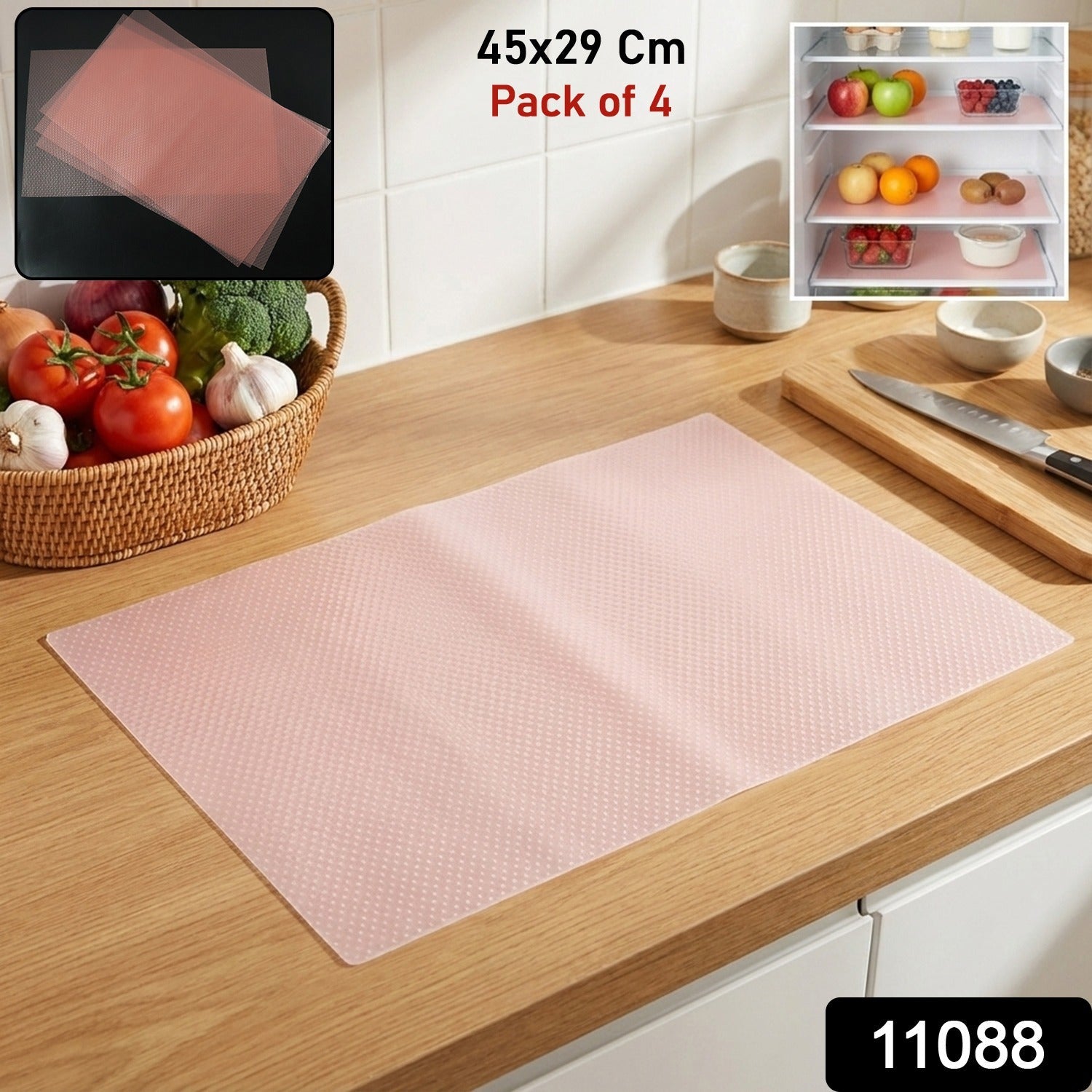 Plastic fridge liner mat placed neatly on clean refrigerator shelf for easy maintenance