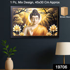 Close-up of Lord Buddha wall art framed in sturdy wooden frame for spiritual home decor