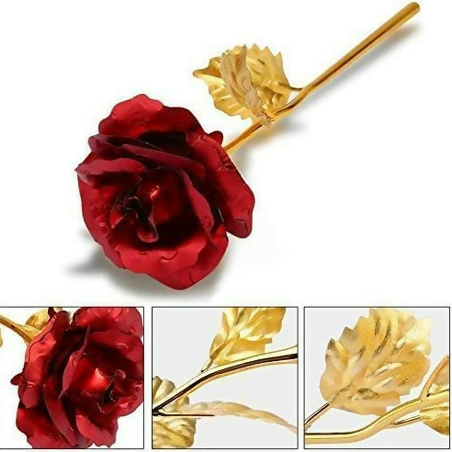 Side view of 24K gold artificial rose demonstrating delicate gold leaf craftsmanship