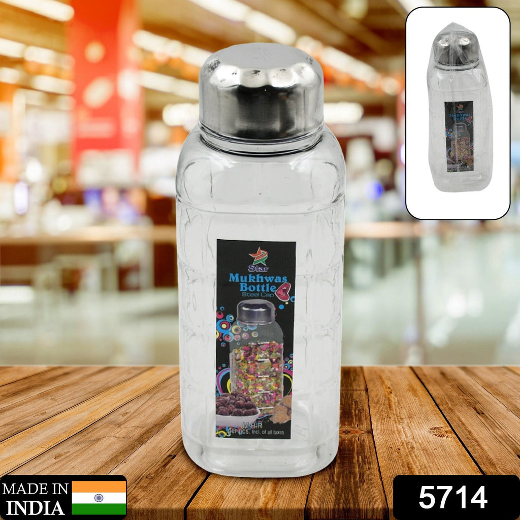 Clear view of plastic mukhwas bottle with stainless steel lid